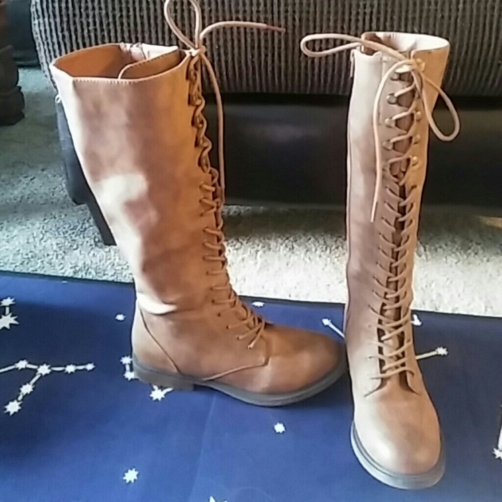 Mossimo cognac knee high combat boots